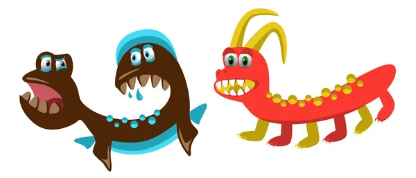Monstruos Lindos Conjunto Monstruos Dibujos Animados Divertidos Originales Dientes Emocional — Vector de stock