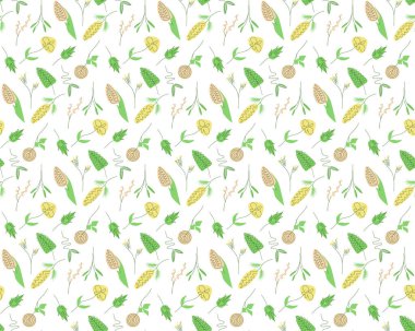 Tasarım için çiçekli kusursuz desen. Küçük, basit, renkli, renkli çiçekler. Beyaz arka plan. Modern çiçek dekoru. Moda baskıları, kapaklar, tekstil için zarif bir şablon. Vektör illüstrasyonu.