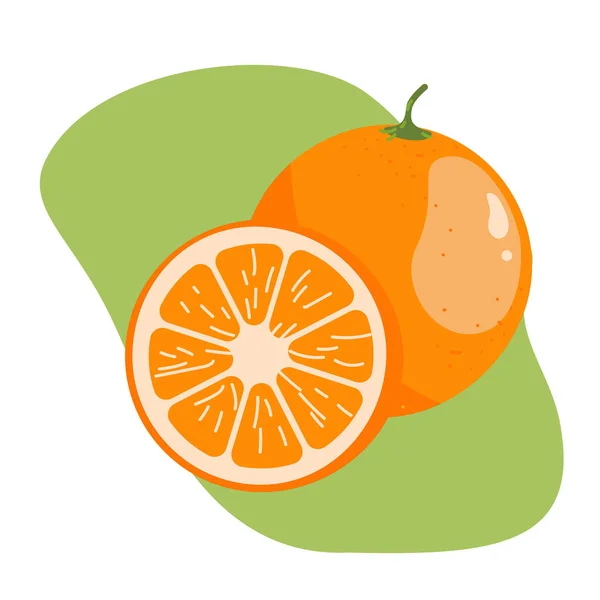 オレンジフルーツ全体とスライスジューシーな新鮮な漫画オレンジ明るいカラフルなベクトルイラスト — ストックベクタ