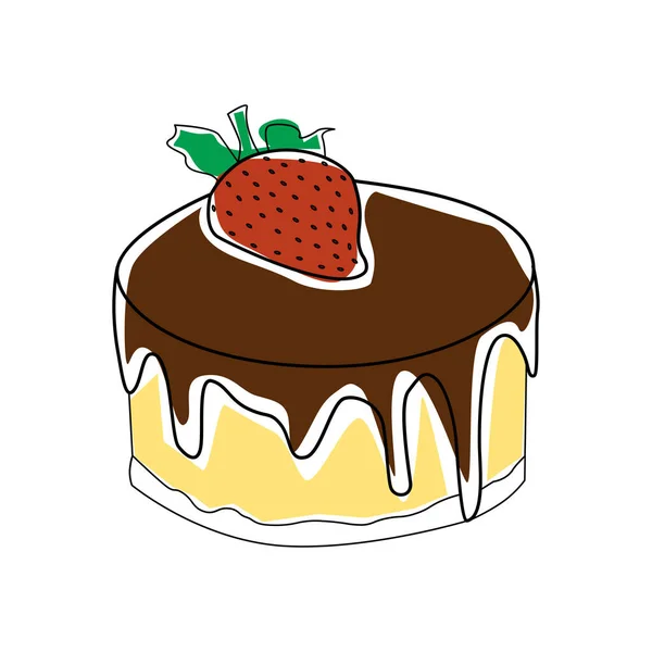 Pastel Chocolate Con Fresa Parte Superior Dibujado Mano Vector Ilustración — Vector de stock