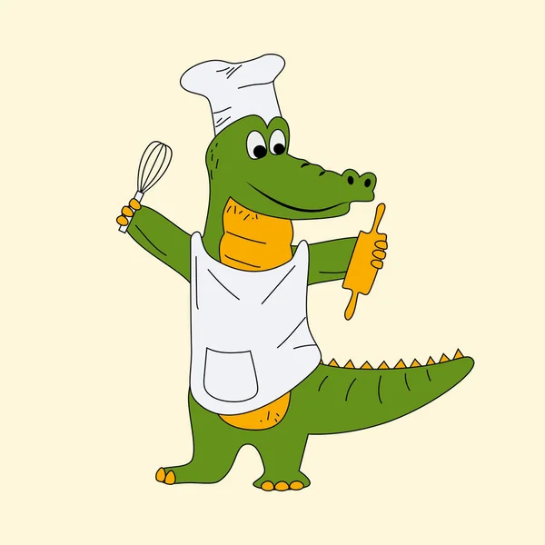 Vector Ilustración Cocodrilo Cocinero Una Gorra Chefs Delantal Mascota Celebrar — Archivo Imágenes Vectoriales