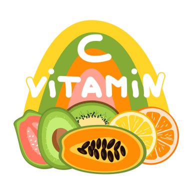 C vitamini kaynağı konsepti. İçinde renkli gökkuşağı arkaplanı olan askorbik asit içeren meyveler. Portakal, limon, kivi, kakadu eriği, guava, papaya vektör illüstrasyonu