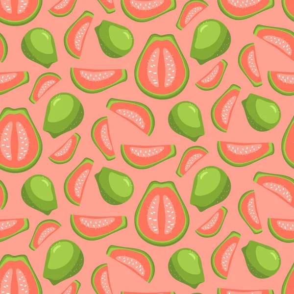 Goyave Entière Demi Tranchée Motif Sans Couture Fruit Exotique Végétarien — Image vectorielle