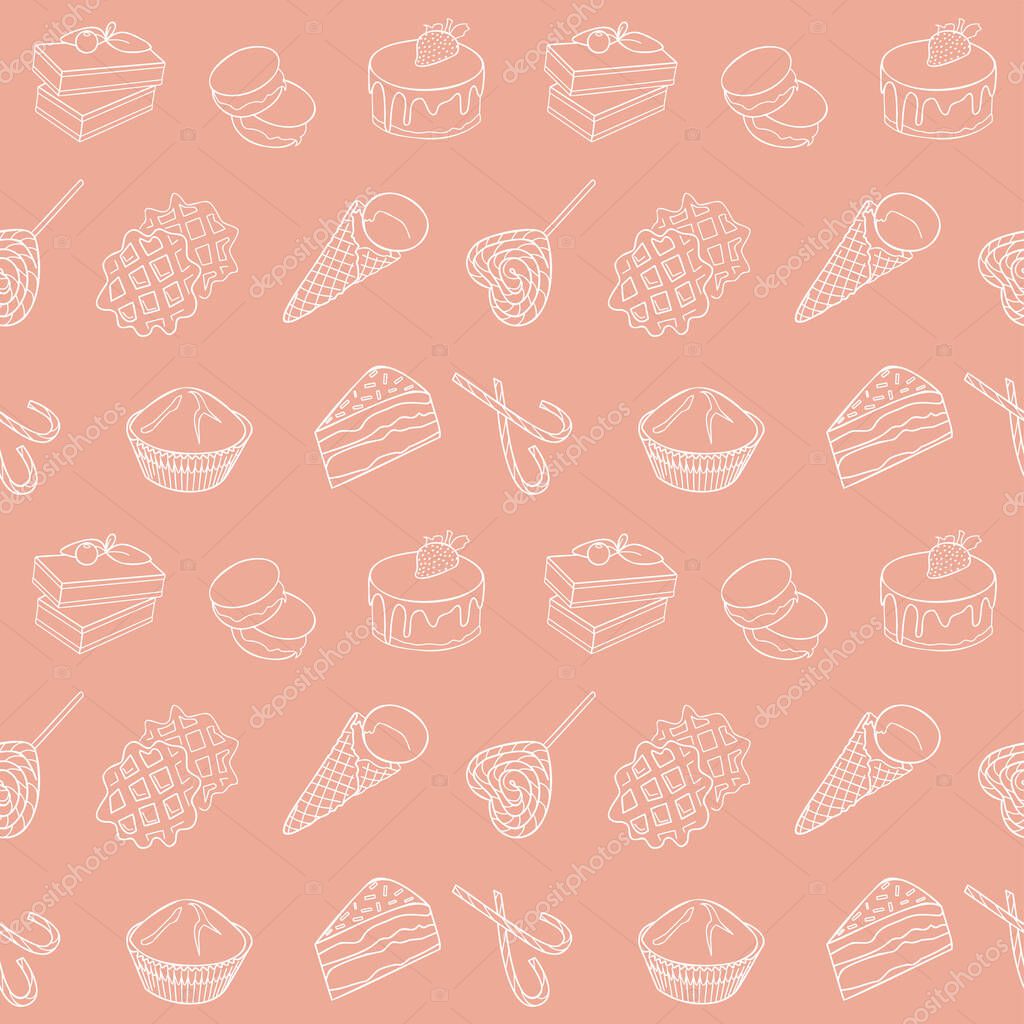 Food item black outline hand drawn seamless pattern, set of bakery, sweets collection candy cane, cupcake, macaroon, icecream, pie kitchen design vector illustration