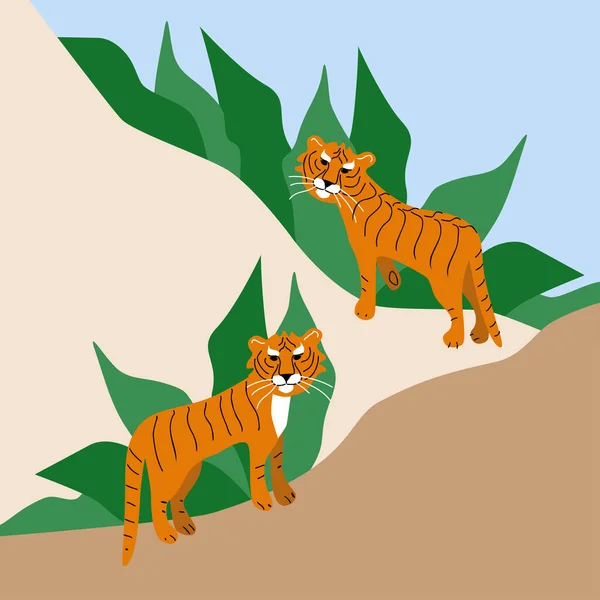 Dos Tigres Salvajes Dibujados Mano Sobre Fondo Abstracto Con Hojas — Vector de stock