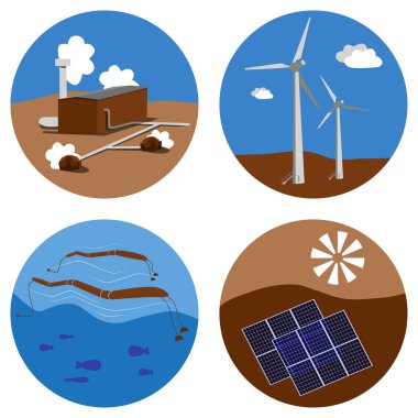 Alternatif enerji kaynakları simgeleri kümesi. Güneş, rüzgar, su, toprak çevre dostu elektrik. Güneş, hidrojen jeotermal güç vektörü çizimi