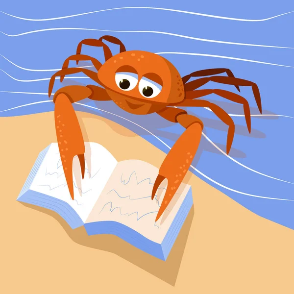 Cartoon Bonito Caranguejo Lendo Livro Marine Amplamente Construído Mascote Crustáceo — Vetor de Stock