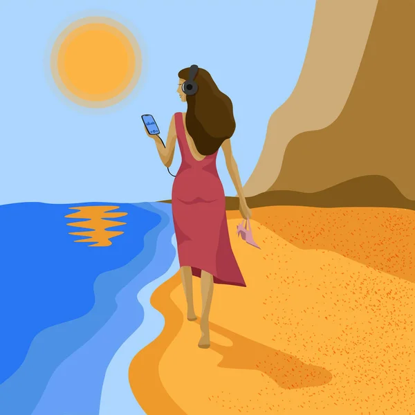 Босоногая Девушка Вид Сзади Женщина Ходит Пляжу Наушниках Телефоном Туфлями — стоковый вектор