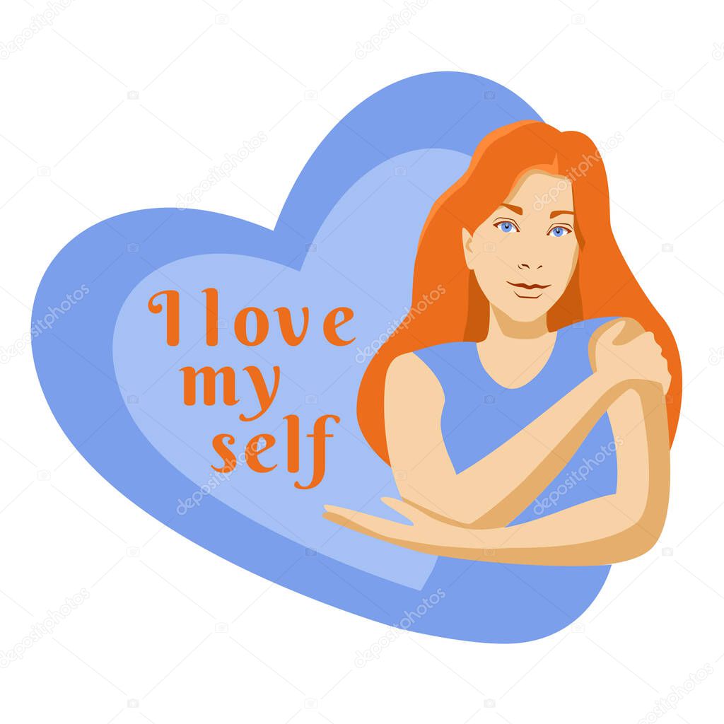 Self care cartoon red hair young girl hugging herself with hearts on background card poster concept. I love myself text. Love yourself vector illustration.