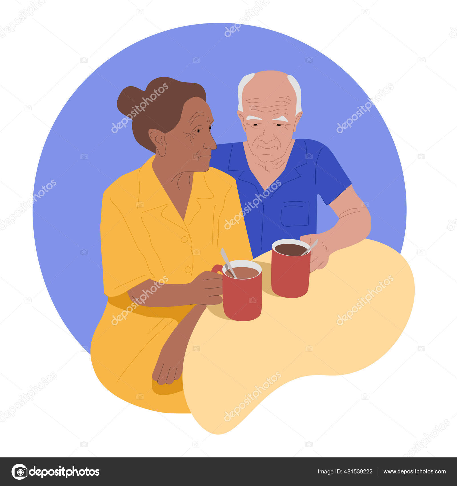 テーブルの近くに座っているシニアカップル お茶やコーヒーを飲む男性と高齢者の女性をひどくバランスのとれた 何年も一緒に時間を過ごすベクトルイラスト ストックベクター C Lopolitt