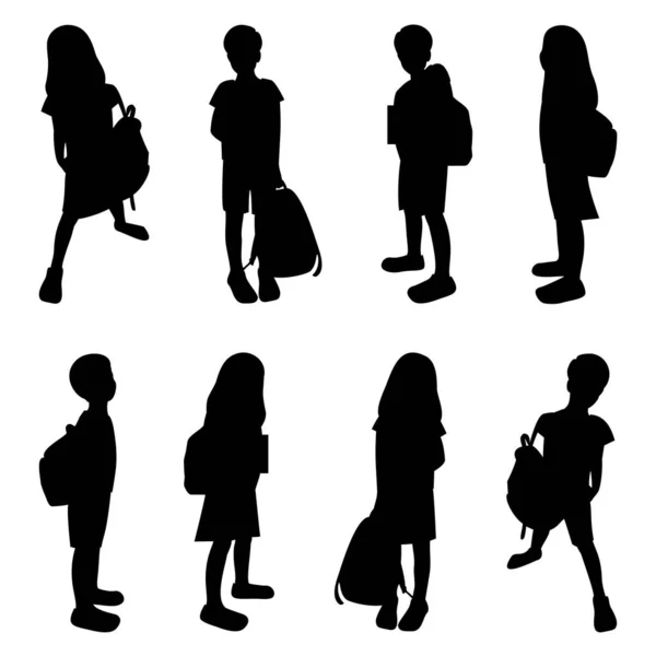 Copii Seturi Siluete Negre Elevi Izolați Elevi Băieți Fete Diferite — Vector de stoc