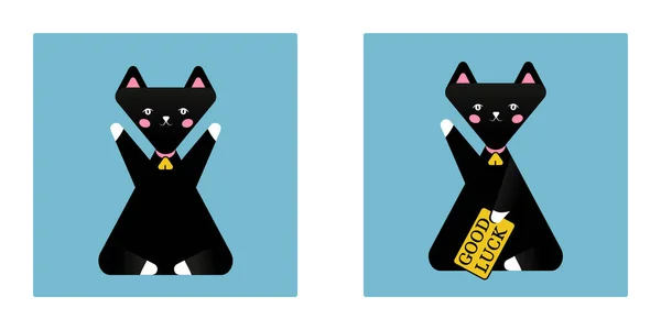 祝好运日本象征壁虎黑猫图标 可爱的手举着坐着的猫日本风格的矢量插图 — 图库矢量图片