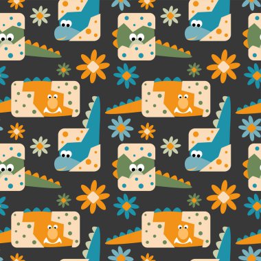 Yumurtalardan benekli yumurta kabuğu ve çiçeklerle çıkan küçük sevimli bir dinozor yumurtasının pürüzsüz deseni, kapaklar için koyu arka plan, ambalaj kağıdı, çocuklar kumaş tekstil vektör çizimi