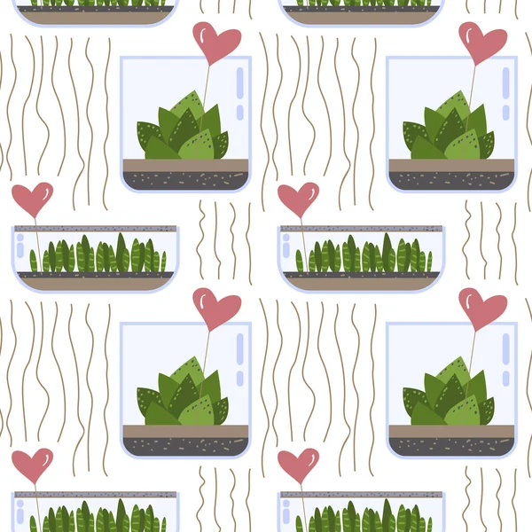 Modèle Sans Couture Avec Cactus Succulent Terrarium Verre Avec Des — Image vectorielle