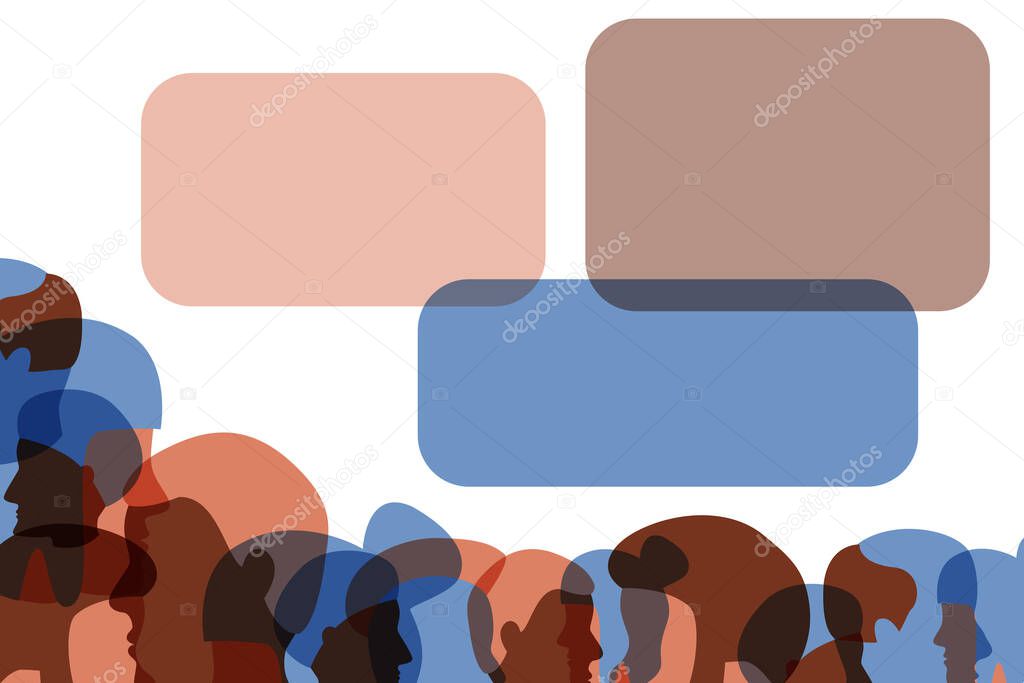 Profile color silhouettes of people crowd and text blocks space banner, male and female face heads silhouettes concept banner. Diversity multi-ethnic and multiracial people vector illustration