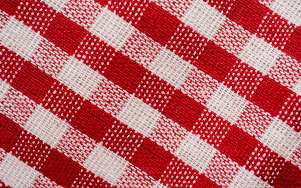 Red Checkered Fabric Tablecloth Pattern Texture Background Diagonal View Red — Photo