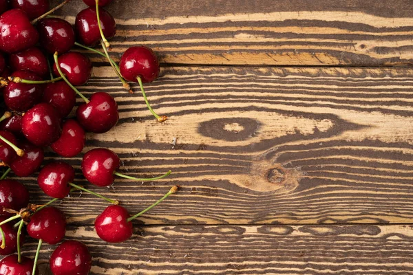 Cherries Old Brown Wooden Table Top View Copy Space Text — Stock Photo, Image