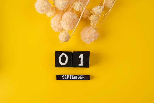 September Houten Kalender Kubus Gele Achtergrond Voor Datum Achtergrond Terug — Stockfoto