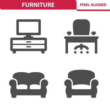 Mobilya, oturma odası, ofis simgeleri.