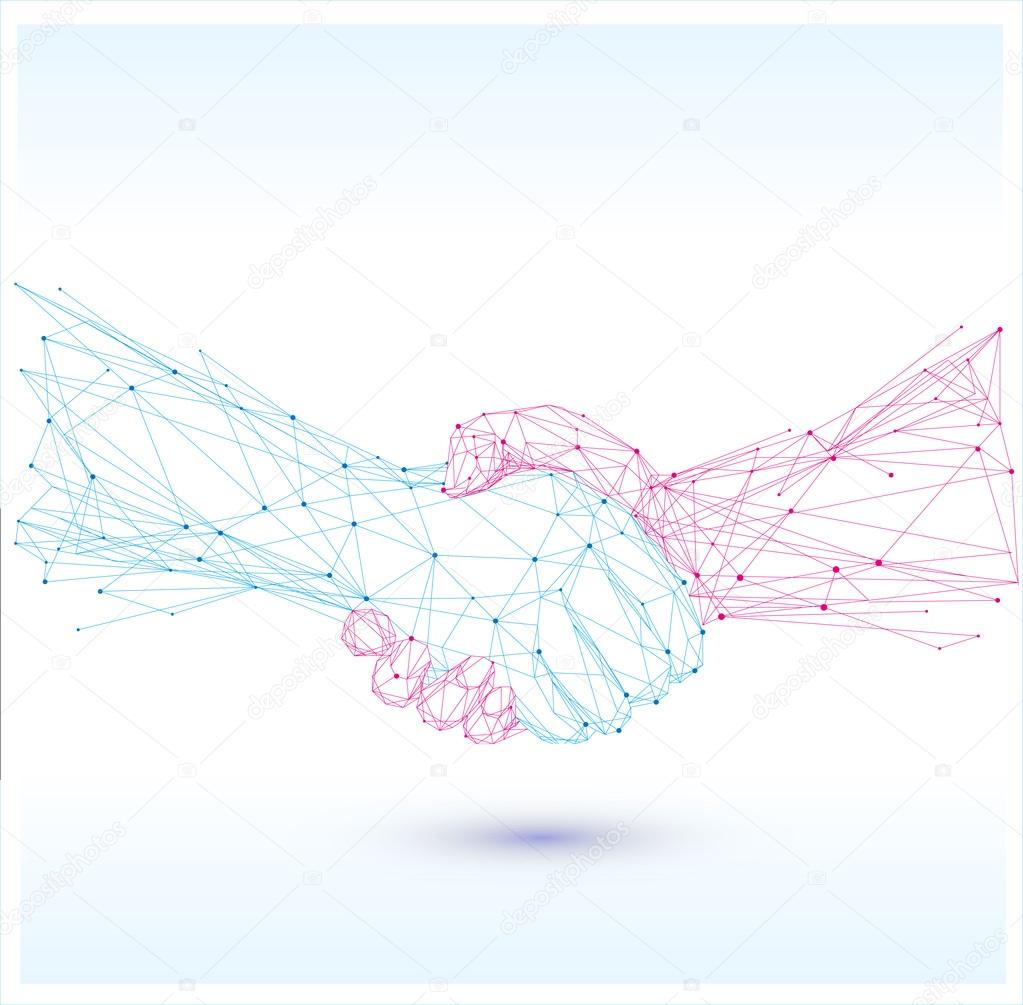 Handshake sign icon.Polygonal blue hands isolated.