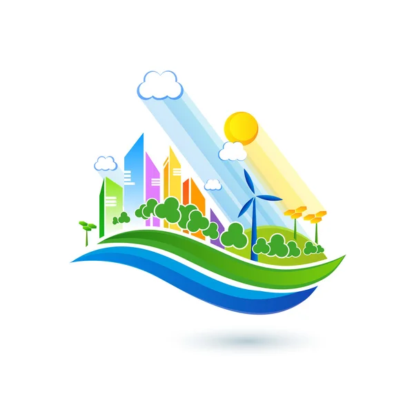 Éco-ville verte avec maisons privées, maisons en panneaux, éoliennes — Image vectorielle
