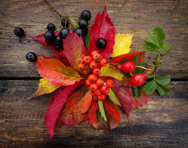 Осенние листья и орех на фоне деревянной текстуры — стоковое фото