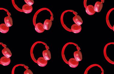 Kırmızı kulaklıklar siyah arka planda izole edilmiş. Kusursuz desen.                              