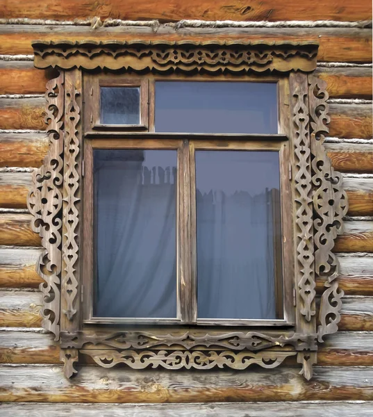Starý Dřevěný Okraj Okna Dřevěnou Stěnou — Stock fotografie