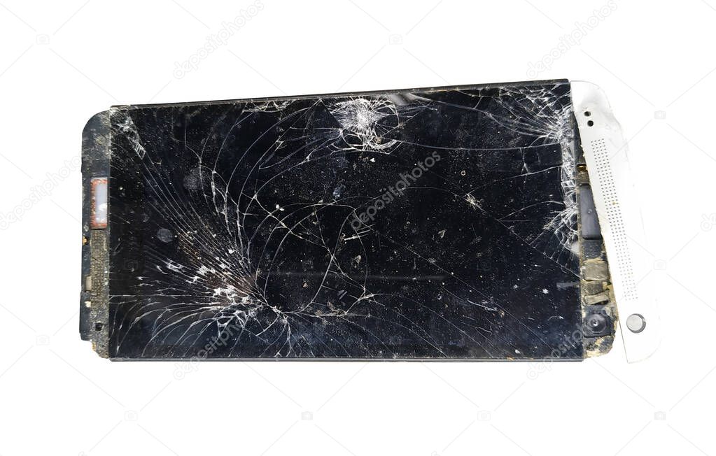 Broken Mobile smartphone on the white. Gadget Repair Background