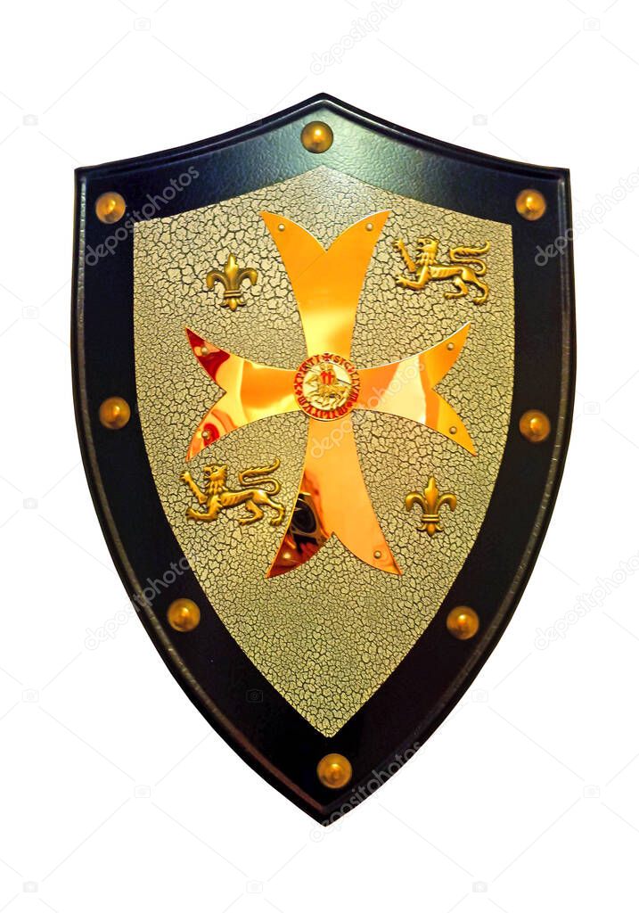 Old decorative shield isolated over white. Vintage colorful shield. Decoration.