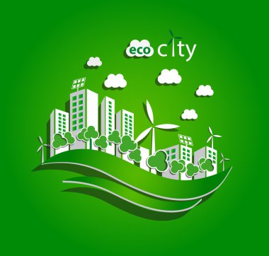 Yeşil Eko şehir renewabl için düz stil kavram Beyaz evleriyle