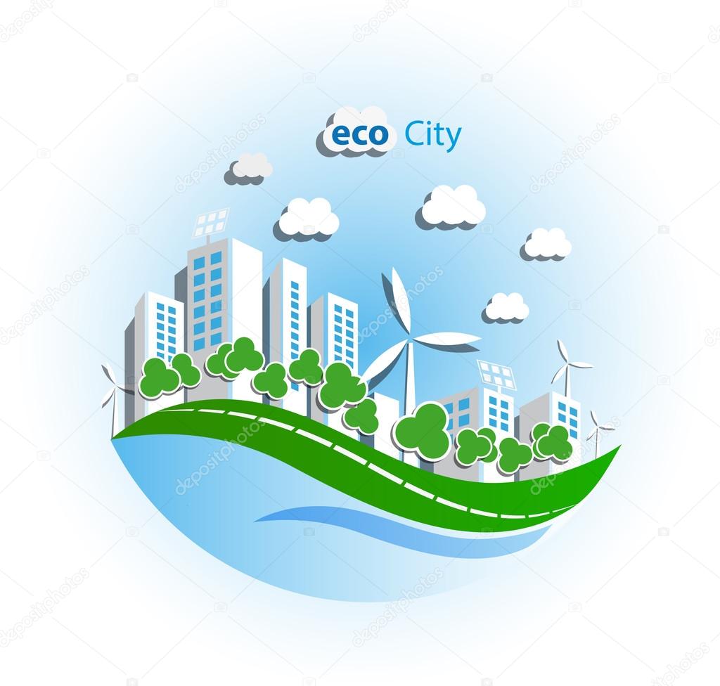 green eco city with wind turbines and solar panels