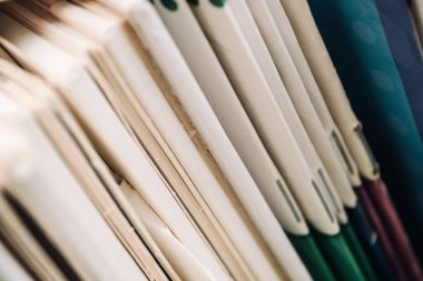 Kapalı kapaklı kitaplar. İnce çocuk kitapları rafta yan yana durur..