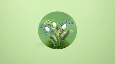 Yeşil arka planda canlandırılmış çiçekler. 3d oluşturma