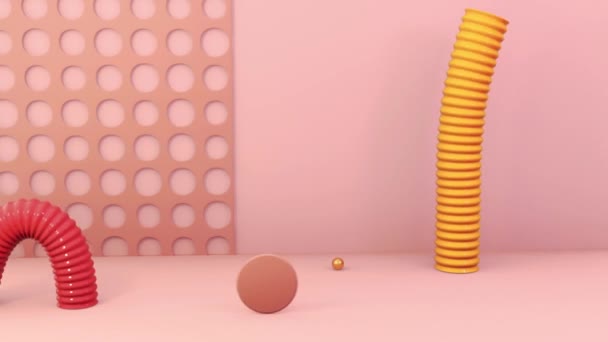 Composizione Geometrica Con Cilindri Animati Palline Dischi Rendering Loop Senza — Video Stock