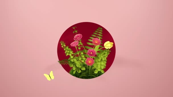 Carte Avec Fleurs Animées Papillon Sur Fond Rose Rendu — Video