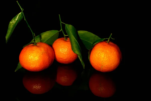 Três Tangerinas Com Folhas Isoladas Preto Com Reflexão — Fotografia de Stock