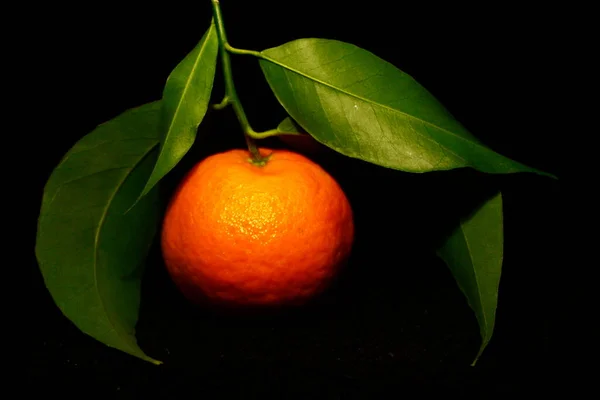 Eine Mandarine Mit Drei Blättern Isoliert Auf Schwarzer Nahaufnahme — Stockfoto