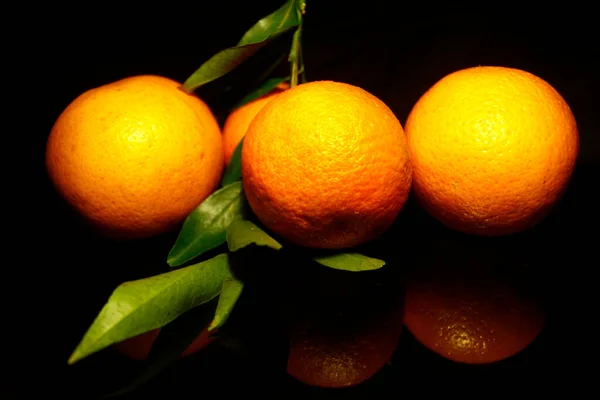 Duas Laranjas Duas Tangerinas Isoladas Reflexão Wih Preta — Fotografia de Stock