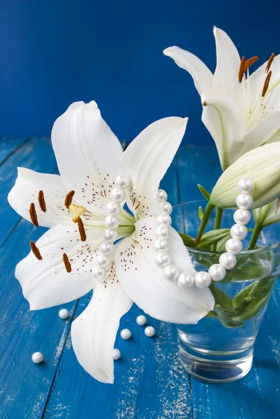 Lily çiçek boncuk ile mavi bir arka plan üzerinde beyaz, Still Life yaz