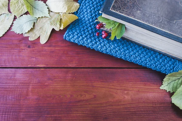 Warm knitted scarf and a book on a wooden table — Stock Photo, Image