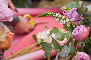 Çiçekçi gül buketi yapmak için pembe kağıt kesiyor.
