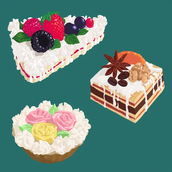 Pasteles con nata, frutos secos, bayas y café — Vector de stock