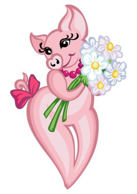 Pig with a bouquet of flowers clipart