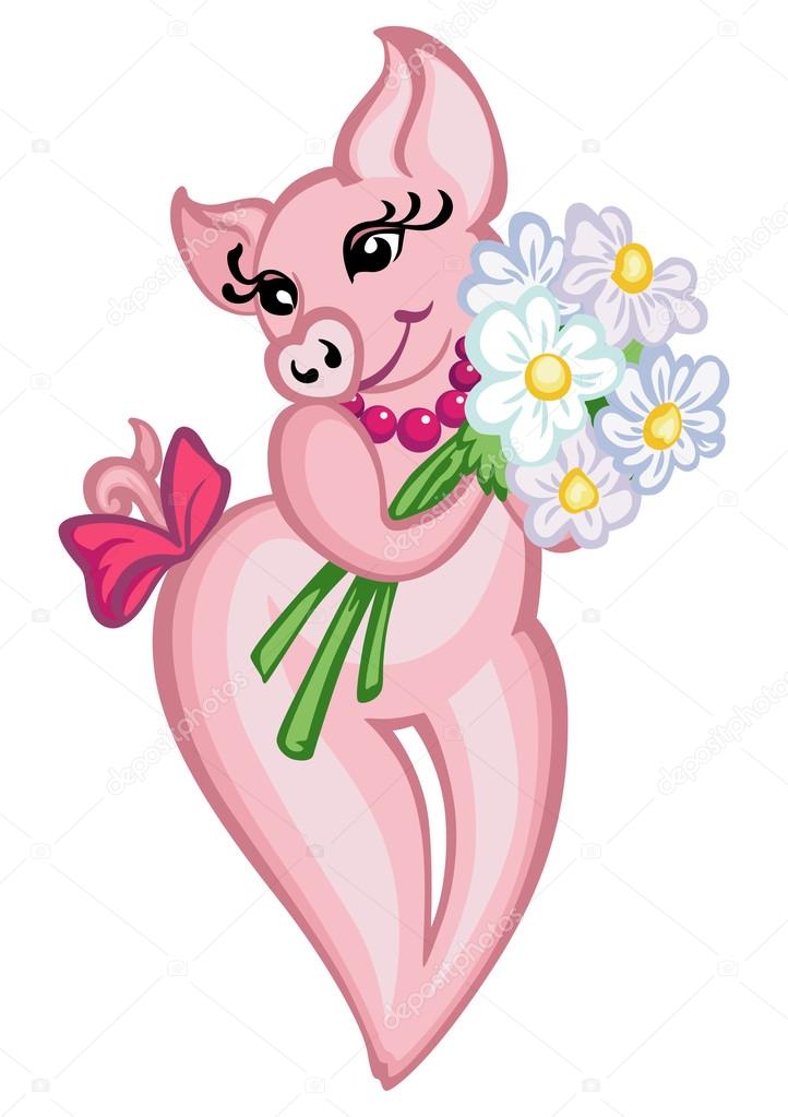 Pig with a bouquet of flowers