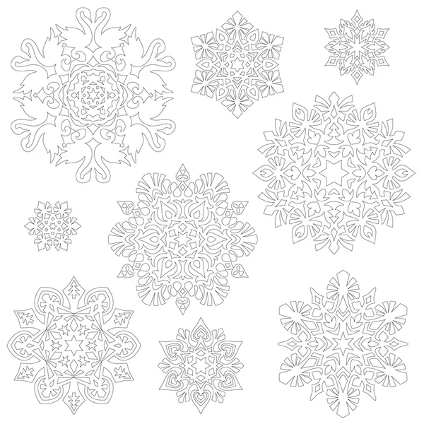 Copos de nieve - esquema blanco y negro — Vector de stock