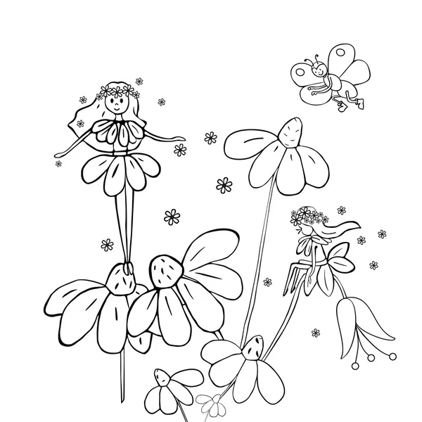 Flower fairies on marguerites. Black and white illustration. — Stock Vector