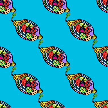 Zentangle renkli limon mavi arka plan, seamless modeli üzerinde