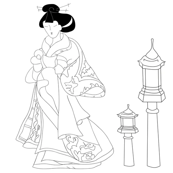 Боку звернено Японська жінка носить традиційне японське кімоно — стоковий вектор
