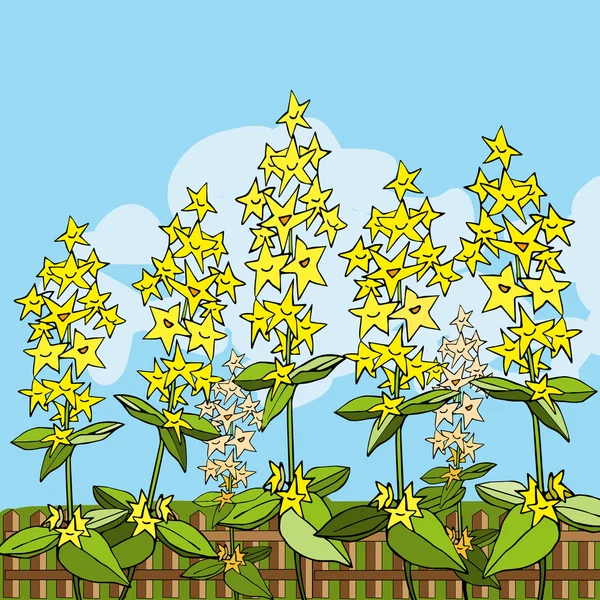 Yellow flowers behind fence — Stock Vector